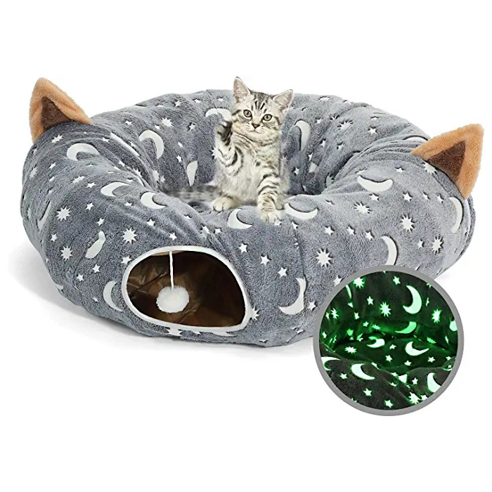 Tube de lit tunnel pour chat avec coussin et balle en peluche