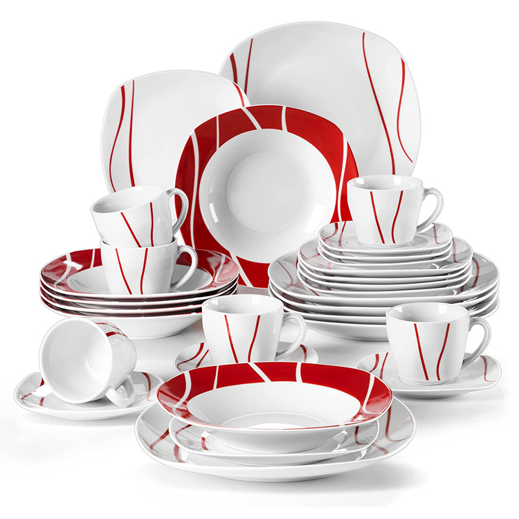 Ensembles de vaisselle de luxe en porcelaine blanche rouge de haute qualité