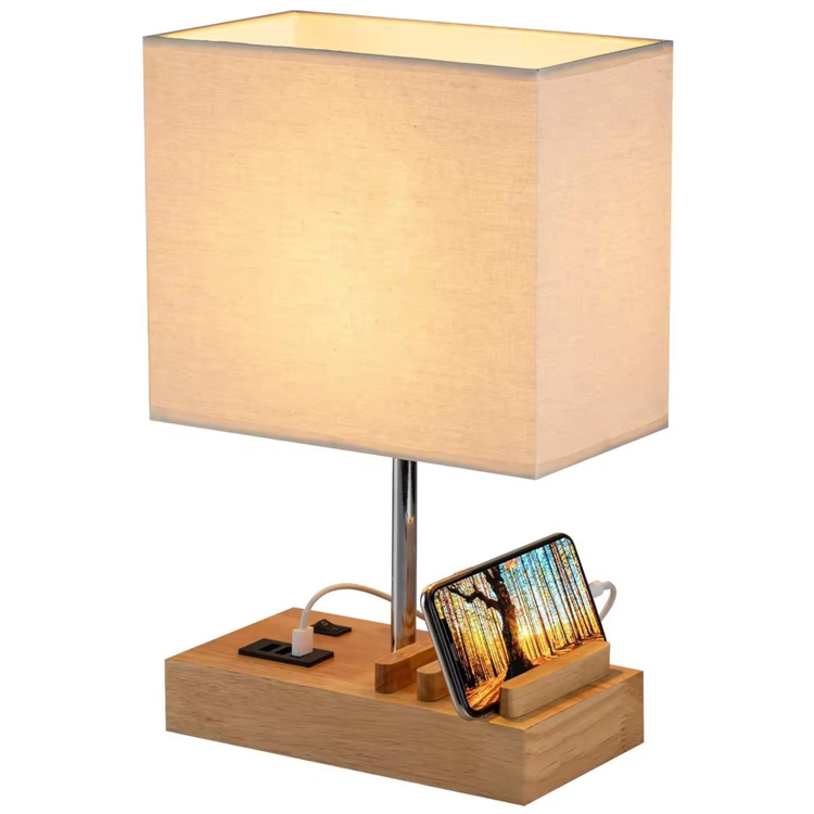 Lampe de table d'hôtel en bois de base de port de chargement USB moderne